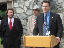 State Rep. Tom Forese, R-Gilbert, joined by real estate investor Michael Pollack (left) and state Rep. T.J. Shope, R-Coolidge, discusses legislation aimed at curbing metal theft.