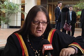 Suzan Shown Harjo talks with reporters after a trademark hearing on the Washington Redskins name, which she calls a racial slur. If society makes it acceptable 