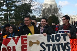 Jerssay Arredondo, in gold sweater, came from Arizona to support gay rights outside the Supreme Court as part of the Queer Undocumented Immigrant Project, a group representing undocumented homosexual immigrants in America.