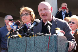 Mark Kelly, husband of former U.S. Rep. Gabrielle Giffords, addresses the news conference.