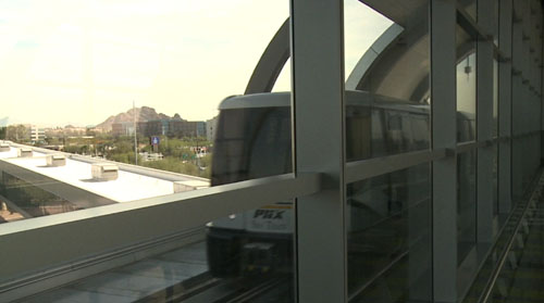 The Phoenix Sky Train will provide a direct link from the Metro light rail to Sky Harbor Airport's Terminal 4 when it open to the public April 8. Cronkite News news reporter <b>Zach Haptonstall</b> got an inside tour of the new facility.