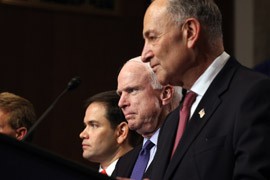 Sen. John McCain, R-Ariz., is flanked other members of the ''Gang of 8,'' Sen. Charles Schumer, D-N.Y.,, right and Sen. Marco Rubio, R-Fla., at a news conference on their immigration-reform proposal.