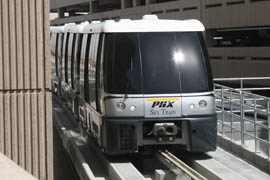 Cars operated by PHX Sky Train leave every few minutes and make the trip between Metro light rail and Sky Harbor's Terminal Four in about five minutes.