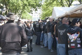 Some of the thousands of motorcyclists who came to Washington on Memorial Day weekend for the 25th Rolling Thunder Run, an annual motorcycle rally to the capitol to honor fallen and forgotten soldiers. The rally includes booths here near the National Mall.