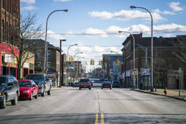 View down Main Street in Niagara Falls, N.Y. After economic troubles and with an aging population, much of Niagara Falls has fallen into disrepair.