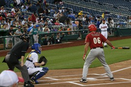 Sen. Jeff Flake steps up to bat at Nationals Park in the annual congressional game. Players say the game engenders bipartisan feelings - although that's not why Flake is batting as a lefty.