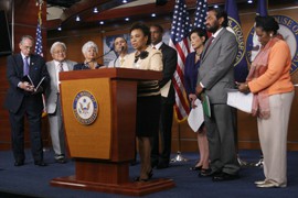 Rep. Marcia Fudge, D-Ohio, speaks at news conference urging Democrats and Republicans to work together for comprehensive immigration reform. The Senate passed its version of the bill Thursday afternoon.