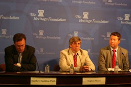 Speakers at a Heritage Foundation forum on a report ranking state economies - from left, Matthew Spalding of Heritage, Stephen Moore of the Wall Street Journal and Jonathan Williams of the American Legislative Exchange Council - said low-tax states like Arizona attract both people and businesses.