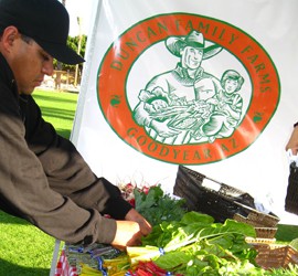 Juan Calderone, Duncan Family Farms harvest manager, checks on the farm's vegetables at a local outdoor market.