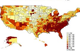 The map shows the likelihood of economic mobility in a region, with darker colors being those areas where people are less likely to advance. Northeastern Arizona posted the lowest levels in the Southwest.