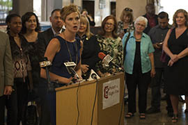 Julie Erfle, chairwoman of the Protect Your Right to Vote Committee, addresses a news conference after the group turned in 146,000 petition signatures seeking to force a statewide vote on a sweeping new state election law.