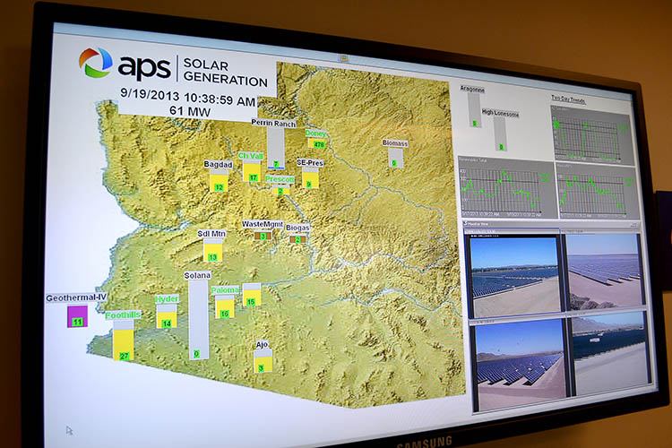 Monitors in what APS calls the Solar Room include a map of plants around Arizona and video feeds on individual plants.