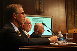 From left, Moody's Analytics economist Mark Zandi, Center on Budget and Policy Priorities economist Chad Stone and Allan Meltzer, a Carnegie Mellon University professor of political economy testify to a Senate committee on the negative economic impact of the political uncertainty on the U.S. budget.