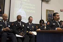 Phoenix Fire Chief Bob Khan testifies in support of the reauthorization of the Federal Emergency Management Administration. Khan was backed by, from left, Philadelphia Fire Department Special Operations Chief Craig Murphy, Phoenix Assistant Chief Rick Bartee and Virginia Beach (Va.) Fire Chief Steve Cover.
