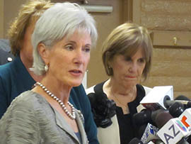 U.S. Health and Human Services Secretary Kathleen Sebelius, addressing reporters Thursday during a visit to Phoenix, said problems with the website for the federal health insurance exchange are to be expected given heavy traffic and are being corrected.