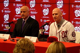 Washington Nationals Manager Mike Rizzo, left, introduces former Arizona Diamondacks player and coach Matt Williams as the new manager in Washington.