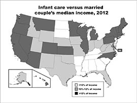 In this map, Child Care Aware of America provides tiers of states according to the affordability of infant care as a percentage of a married couple's median income.