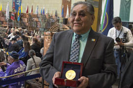 Hopi Chairman LeRoy Shingoitewa displays the Hopi tribe's Congressional Gold Medal at the National Museum of the American Indian Wednesday.