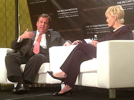 New Jersey Gov. Chris Christie discusses human trafficking and other issues Friday with Cindy McCain during an event hosted by Arizona State University's McCain Institute for International Leadership.