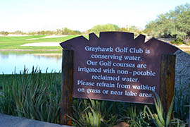 A sign at Grayhawk Golf Club in north Scottsdale notes that water fills its lake and irrigates its courses is reclaimed.