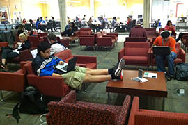 Students pass time in the lobby of University Center on Arizona State University's Downtown Phoenix Campus.