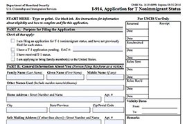 The nine-page application form for a T-visa requires that applicants submit documents supporting the claim they are 