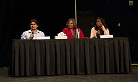 Daniel Cauffman, left, a 21-year-old member of the Pokagon Band of Potawatomi, Mich., shares his testimony at a U.S. Department of Justice public hearing held at Talking Stick Resort on the Salt River Pima-Maricopa Indian Community. Temetria Young, 18, at right, also discussed abuse and interactions with the juvenile justice system.