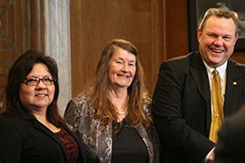 Jacqueline Power, center, superintendent and principal of Blackwater Community School in Coolidge, with Sen. Jon Tester, D-Mont., and National Indian Child Care Association official Barbara Fabre after a Senate hearing on education of Indian children.