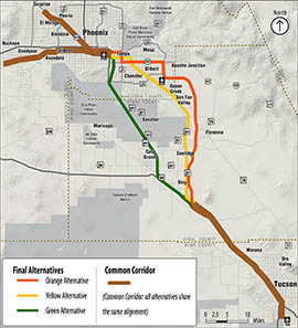 The Arizona Department of Transportation is seeking input on three routes to connect Phoenix and Tucson by high-speed rail.