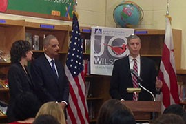 U.S. Education Secretary Arne Duncan, at podium, and Attorney General Eric Holder at the release in Washington of the latest Civil Rights Data Collection, a report on the nation's schools. Arizona fared poorly in several categories compared to other states.