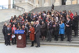 Rep. Judy Chu, D-Calif., speaks for scores of supporters on the East Front of the Capitol demanding that House leaders bring comprehensive immigrattion reform for a vote. Democrats have filed a discharge petition in an attempt to force that vote.