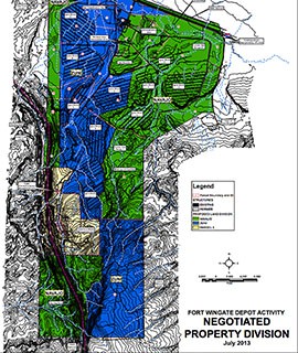 A plan to divide a former military depot in McKinley County in New Mexico would give lands marked in blue on this map to the Zuni and the areas in green to the Navajo Nation - about 9,000 acres for each tribe.
