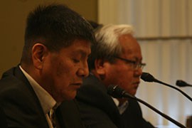 Zuni Pueblo Gov. Arlen Quetawki Sr., left, and Navajo Council Speaker Johnny Naize both said a bill to divide the former Fort Wingate lands is not perfect, but they urged its passage. One Navajo official, however, spoke against the plan as a giveaway.