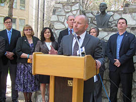 Rep. Chad Campbell, D-Phoenix, the House minority leader, addresses a news conference at which he and other Democrats criticized the influence of the conservative advocacy group Center for Arizona Policy.