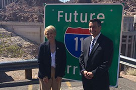 Arizona Gov. Jan Brewer and Nevada Gov. Brian Sandoval unveiled signs flast month or the planned Interstate 11 along its route near the Hoover Dam.