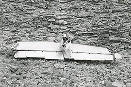 The severed tail section of the Trans World Airlines plane as it was found in the Grand Canyon.