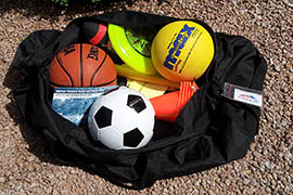 A Play in the Park Kit available for one-week checkout from the Mesa Public Library's  four branches includes a Frisbee, soccer ball, basketball, football, wiffle ball set and jump rope.
