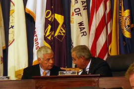 Rep. Jeff Miller, R-Fla., right, chariman of the House of Veteran Affairs Committee, talks with Rep. Mike Michaud, D-Maine, the ranking Democrat on the committee, before a May hearing on problems at Department of Veterans Affairs medical facilities.