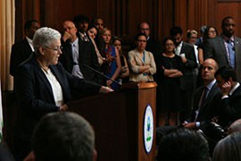 Environmental Protection Agency chief Gina McCarthy unveils proposed rules that call for a 30 percent reduction in carbon emissions from power plants by 2030, relative to 2005 emission rates.