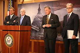 The bill introduced by Republican Sens. Jeff Flake and John McCain of Arizona, Richard Burr of North Carolina and Tom Coburn of Oklahoma, from left, comes as serious problems at the VA have forced the resignation of former Secretary Eric Shinseki.