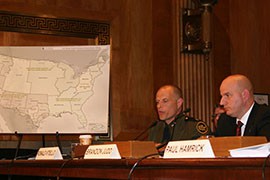 U.S. Border Patrol Deputy Chief Ronald Vitiello, left, National Border Patrol Council President Brandon Judd testify in support of a bill that would trim border patrol costs by capping overtime pay for agents.