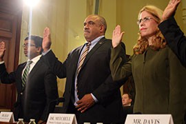 Jose Mathews, Christian Head and  Kathrine Mitchell. from left, doctors who exposed problems at Department of Veterans Affairs medical facilities, are sworn in before testifying at a House committee hearing on whistleblowers.