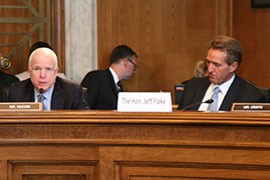 Arizona Sens. John McCain, left, and Jeff Flake speak in support of their bill to settle a water dispute between Freeport Minerals and the Hualapai tribe. McCain said they are willing to work with anyone who has concerns over the bill.