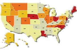 Arizona had the nation's lowest rate of improper unemployment benefit payments last year, the Labor Department said. States in beige had improper payment rates below 6 percent; darker colors represent 2 percentage points increases up to red, which was 14 percent and above.