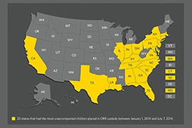 A map produced by Stateline, part of the Pew Charitable Trusts shows the 20 states in yellow that have received the highest number of Central American immigrant children. Arizona, with 186 such children, ranked 26th among states.