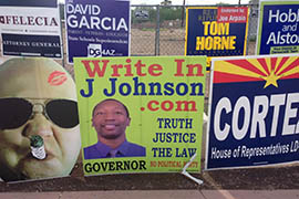 Amid campaign signs for mainstream candidates, write-in candidate J. Johnson touts himself for Arizona governor.