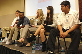 From left: Former disconnected youths Daniel Kier, Isaiah Whiteside, Olivia Baldassini and Richard Martinez-Teller, with volunteer coordinator Shelly Carr in the center, take part in a panel discussion at the Maricopa County Education Service Agency's Disconnected Youth Summit.