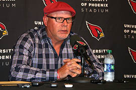 Arizona Cardinals coach Bruce Arians talks with reporters Monday, the day after a lopsided loss to the Denver Broncos.