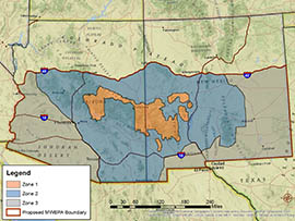This map accompanying the U.S. Fish and Wildlife's proposal on Mexican gray wolves shows the current territory in orange, the first phase of expansion in blue and the next phase in gray.