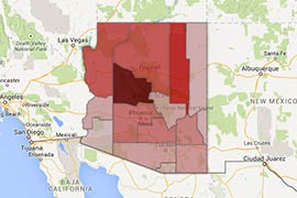 Click on the map to review county immunization opt-out rates and rates for measles, mumps and rubella vaccination for Arizona kindergartners in the 2013-2014 school year. The data is from the Arizona Department of Health Services.